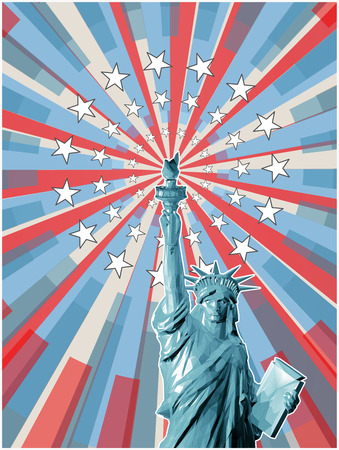 Low poly liberty in front view on colorful shine with star backgroundのイラスト素材