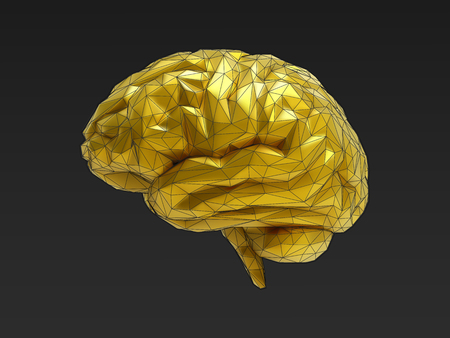 Low poly golden brain with wireframe illustration isolated on dark backgroundのイラスト素材