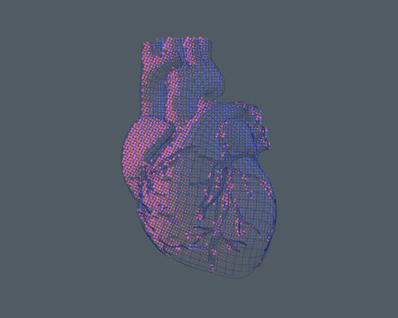 Stylized wireframe and halftone effect human heart in bright colorful pink on gray backgroundのイラスト素材