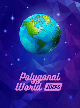 Low poly earth on blue purple polygonal space background with cartoony styleのイラスト素材
