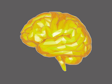 Low poly stylized bright colorful yellow brain with 3D shading and wireframe illustration on gray backgroundのイラスト素材