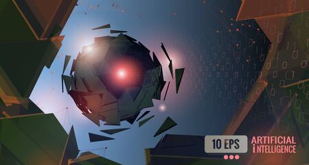 Abstract robot triangle sphere code projection break through the wall with artificial intelligence conceptual vector illustration on blue backgroundのイラスト素材