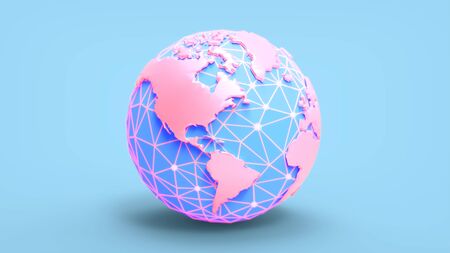 3D rendering fluorescent colorful low poly earth template on pastel blue backgroundの写真素材