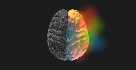 Brain low poly graphic illustration in top view on dark background with monochrome left and colorful right functions conceptのイラスト素材