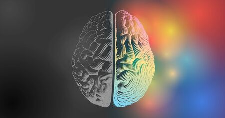 Brain engraving drawing illustration in top view with left and right functions concept on colorful...