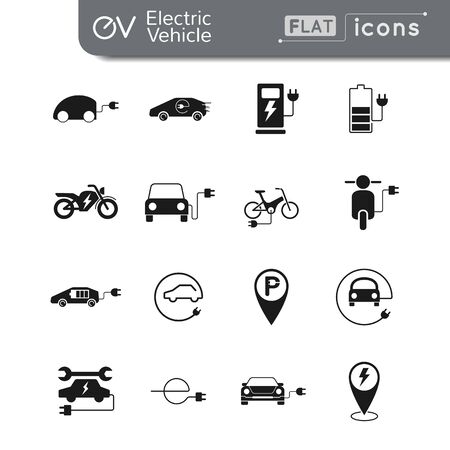 Electric car and vehicle black flat vector icon set for EV pictogram concept easy to edit stroke and colorのイラスト素材