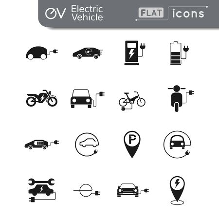 Electric car and vehicle black flat vector icon set for EV pictogram concept easy to edit stroke and colorの素材 [FY310148987880]