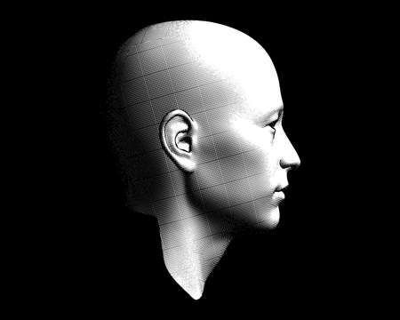 Monochrome engraving drawing bald human head in side view illustration isolated on black background