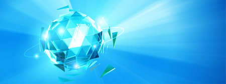 Abstract triangle polygonal crystal glass shatter sphere glowing on blue shining background with blank space for banner futuristic conceptのイラスト素材