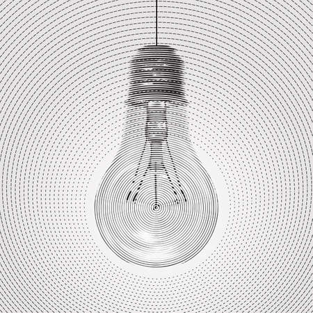 Monochrome engraving light bulb idea and creative symbol hang down with light shining concentric circle line art backgroundのイラスト素材