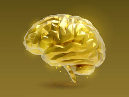 Low poly golden brain with 3D shading illustration glowing on dark gold background with light particleのイラスト素材