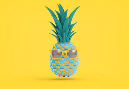 3D rendering colorful fancy pineapple and sunglasses illustration isolated on bright yellow background with clipping path for die cut to use in any backdropの写真素材