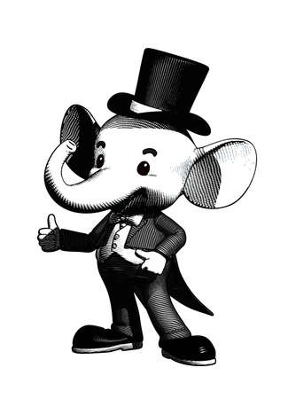 Elephant character in tuxedo suit monochrome engraving drawing retro style isolated on white BGのイラスト素材