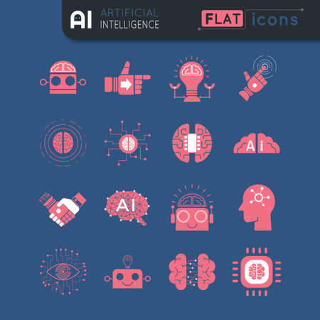 Artificial intelligence simple red color flat icon set on blue background easy to edit stroke and colorのイラスト素材