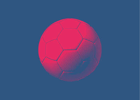 Red soccer ball or football engraving drawing illustration isolated on deep blue backgroundのイラスト素材