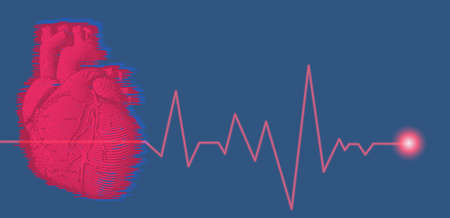 Engraving red human heart illustration on dark blue  background with heart rate pulse beatのイラスト素材