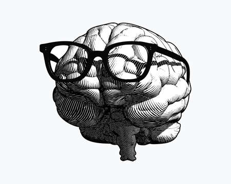 monochrome retro engraving human brain with black old glasses illustration in front view isolated on white backgroundのイラスト素材