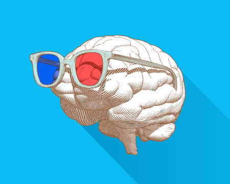 Monochrome retro engraving human brain with 3D stereoscopic red and cyan glasses illustration in perspective side view isolated on blue backgroundのイラスト素材
