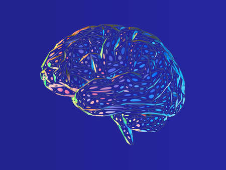 Stylized colorful dot polygonal brain illustration with triangulate line on deep blue backgroundのイラスト素材