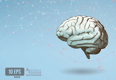 Engraving drawing on polygonal of human brain illustration isolated on light blue template...