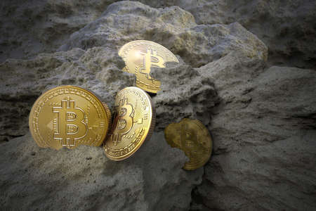 Golden Bitcoin coins mining 3D rendering illustration with clipping path separated the coins pass...
