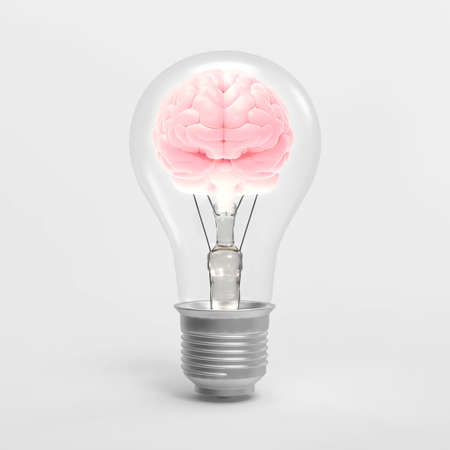 3D rendering illustration pink glowing human brain inside the electric light bulb isolated on white...