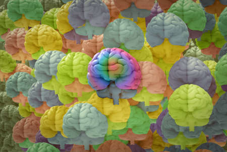 3D rendering illustration multi color human brain stand out from various diversity colorful of human brains crowd pattern backgroundの写真素材
