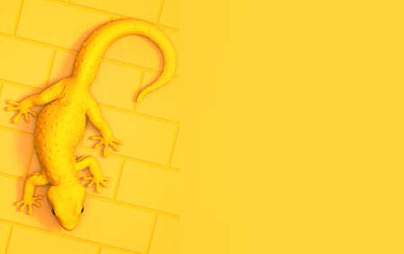 3D rendering Tokay gecko illustration top camera view crawling and blending color on pastel yellow brick texture template background with clipping pathの写真素材