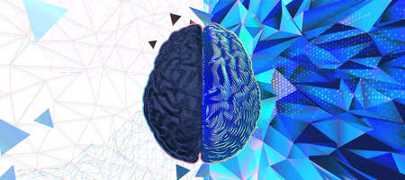 Human brain hemispheres left and right cerebral functions abstract demonstration illustration isolated on blue multicolor polygon holographic art style white backgroundのイラスト素材