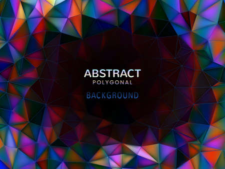 Abstract low poly holographic background in colorful tone illuminated and glowing on black blank...