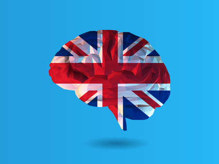Colorful geometric low poly brain with United kingdom flag texture vector illustration isolated on...