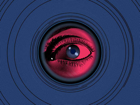 Red vintage engraved drawing human eye hidden looking through peephole on the deep blue optical illusion circle background with mysterious mood graphic illustrationのイラスト素材