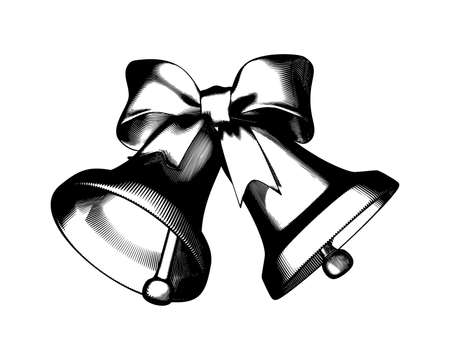Monochrome vintage Engraved drawing of Christmas decoration bell and ribbon isolated on white backgroundのイラスト素材