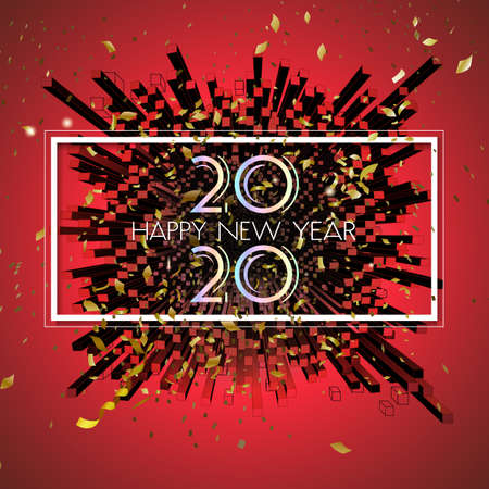 Abstract geometric cube firework popping up with the confetti for happy new year 2020 anniversary...