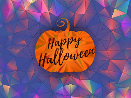 Happy Halloween greeting with low poly orange carved textured pumpkin on colorful holographic polygonal backgroundのイラスト素材