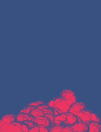 Bright red engraved vintage retro drawing cloud sky illustration on deep blue space background