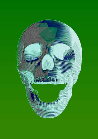Stylized engraved drawing with wireframe polygonal screaming human skull front view illustration isolated on green backgroundのイラスト素材