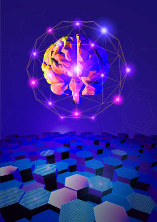 Abstract polygonal brain and hexagonal on blue purple tone with technology artificial intelligence conceptual A4 size vector illustration backgroundのイラスト素材