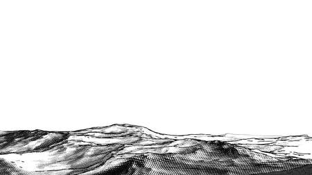 Abstract monochrome engraved drawing rough rocky sand ground vintage woodcut style foreground landscape isolated on white blank space backgroundのイラスト素材