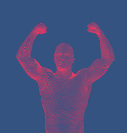 Bright red abstract engraved retro drawing strong man lift up hand and showing muscle isolated on deep blue backgroundのイラスト素材