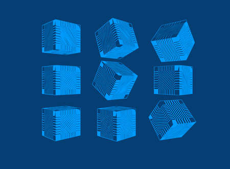 Light blue engraved abstract geometric cube with sci fi technology greeble pattern texture various views isolated on deep blue backgroundのイラスト素材