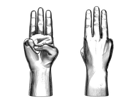 Monochrome engraved vintage drawing abstract cut off human hand showing three fingers close gesture vector illustration front and back views isolated on white backgroundのイラスト素材