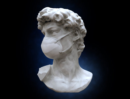 3D rendering illustration David of Michelangelo sculpture wearing surgical N95 mask visual concept...