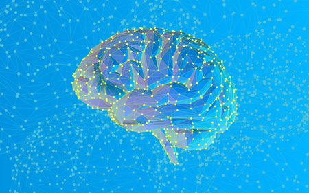 Abstract colorful low poly brain illustration and wireframe connected dots on blue wireframe and 3d...