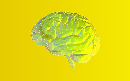 Colorful low poly brain illustration and wireframe connected dots on bright yellow background with data analysis conceptのイラスト素材