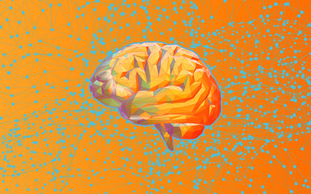 Colorful low poly brain illustration and wireframe connected dots on connected blue wireframe bright...