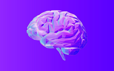 Colorful low poly human brain and wireframe vector illustration on purple backgroundのイラスト素材