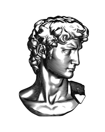 Monochrome vintage engraved drawing bust and head of David Michelangelo art sculpture side face vector illustration isolated on white backgroundのイラスト素材