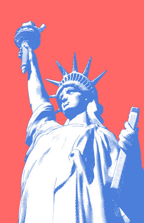 Color engraved vintage crosshatch drawing liberty lady statue from low angle worm eye view camera illustration isolated on bright red background in retro pop art styleのイラスト素材