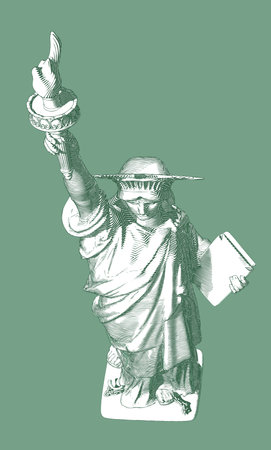 Monochrome green engraved vintage drawing liberty lady statue from top angle bird eye camera view illustration isolated on sage green backgroundのイラスト素材